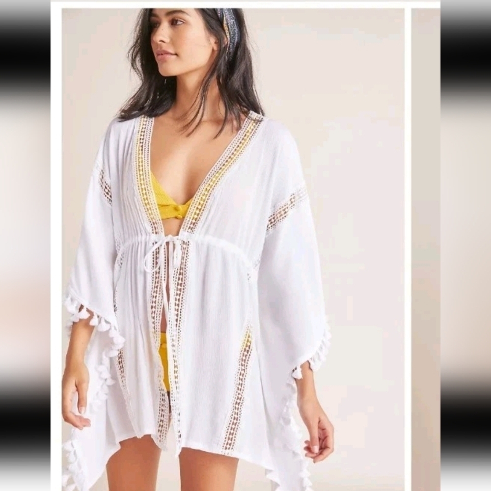 Michael Stars Womens White Honeymoon Caftan Boho Resort Beach Cover Up One Size